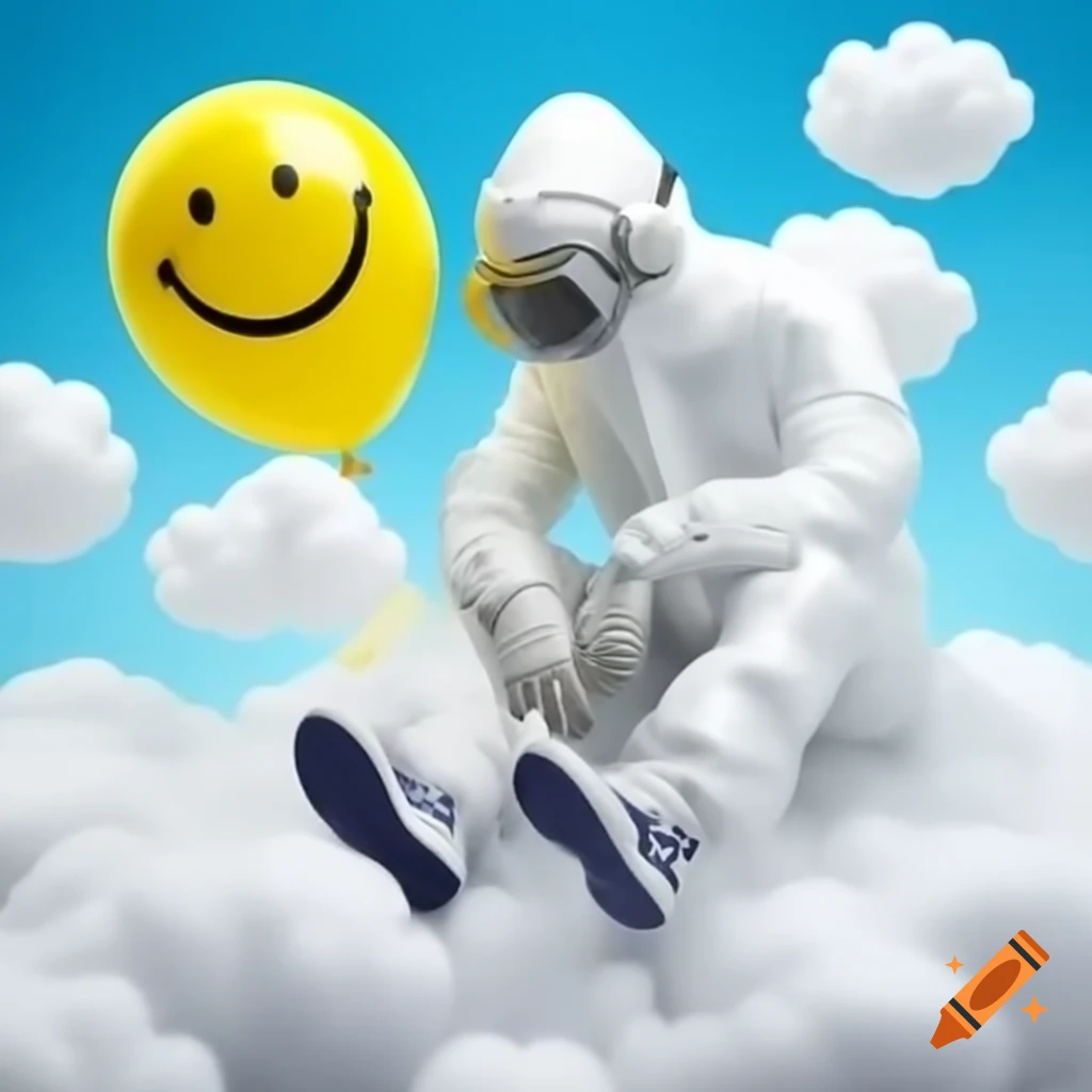 Rapper in hazmat suit sitting on clouds holding yellow balloon