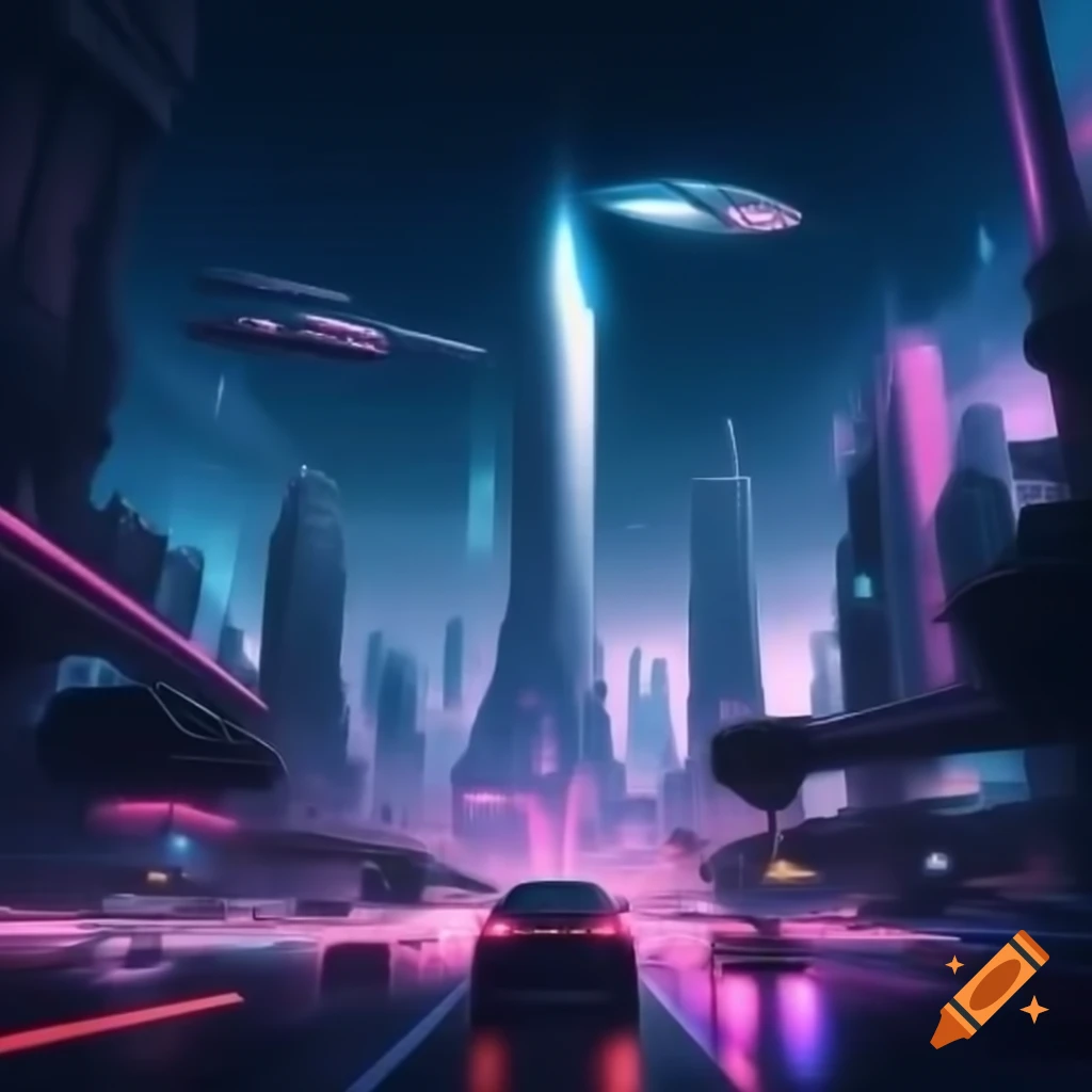 Futuristic cityscape featuring skyscrapers and flying cars under starry night sky