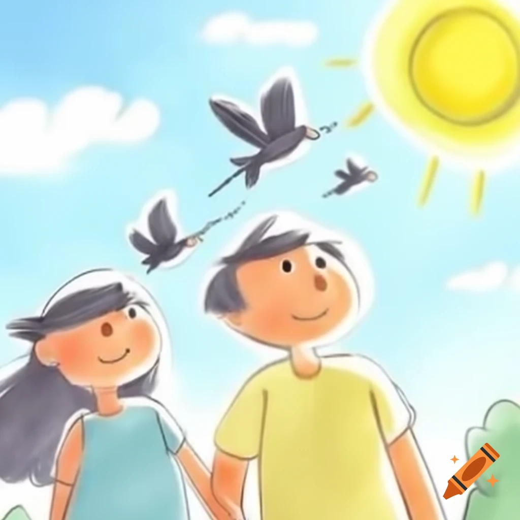 Family of birds flying in sunny sky