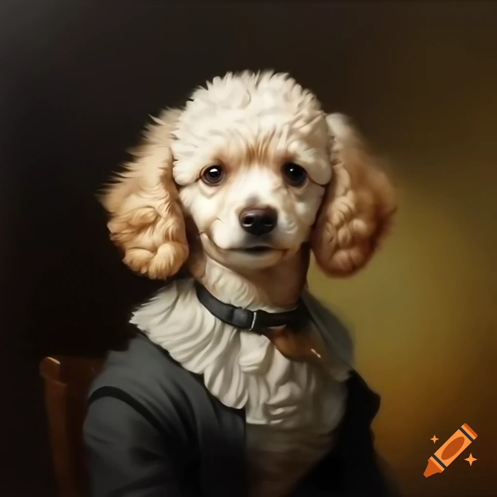 Small white poodle dressed in Victorian clothes, oil painting