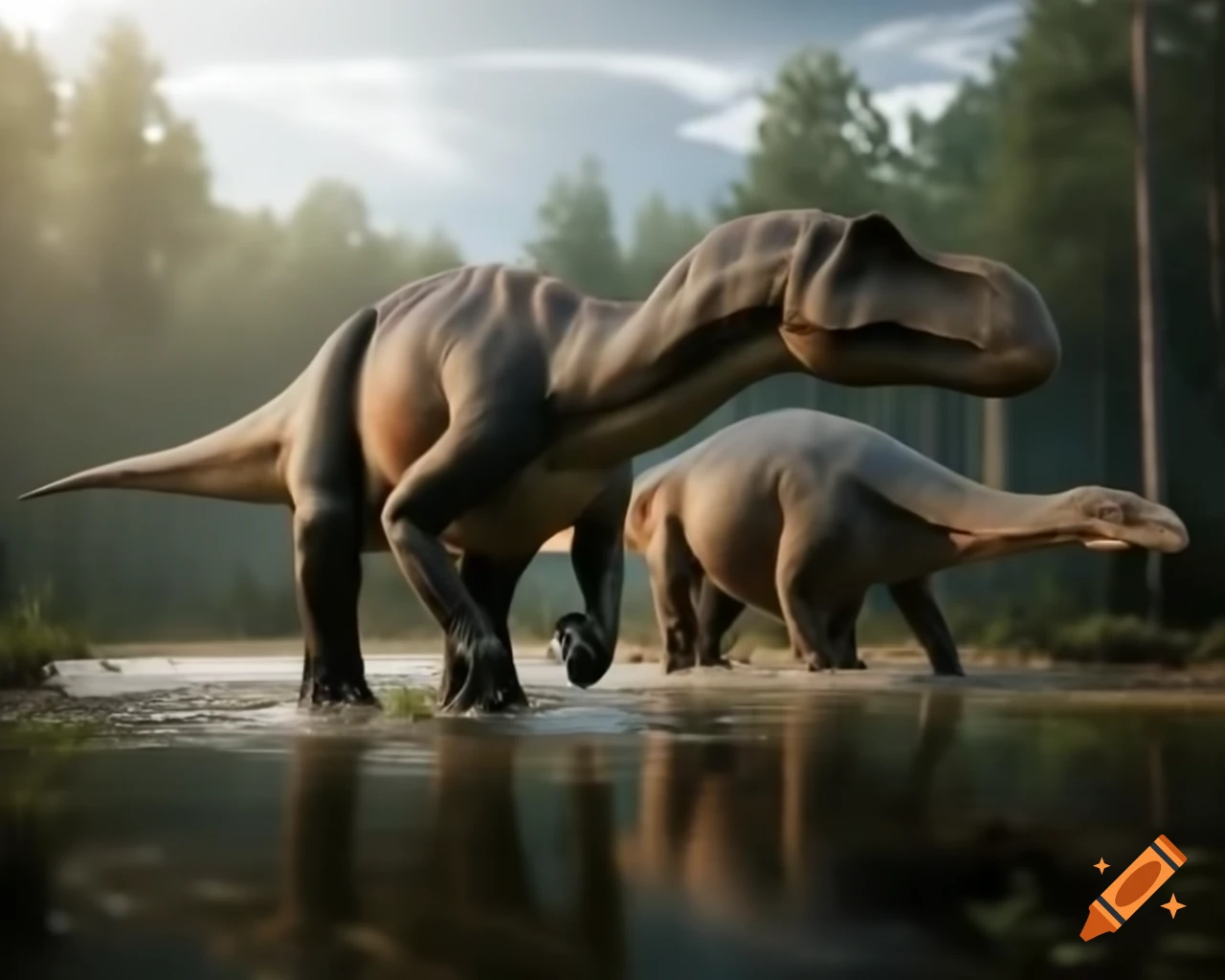 Hadrosaurus dinosaurs walking along sunny shore of forest pond with gloomy bushland