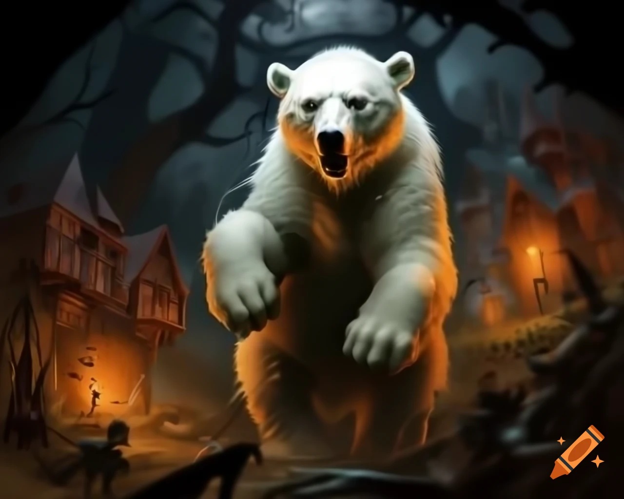 Creepy polar bear destroying fairy village in dark fantasy illustration
