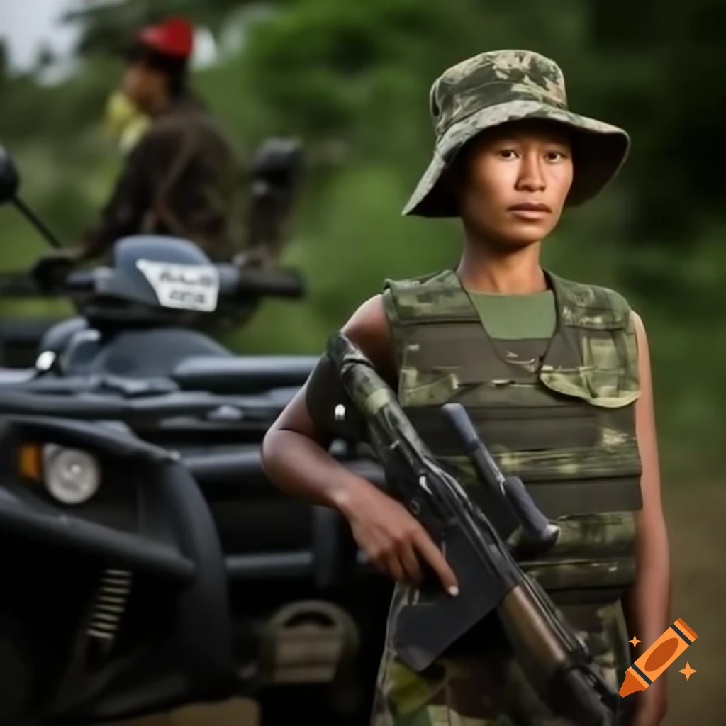 Hyperrealistic portrayal of Burmese woman in military attire with rifle in jungle setting
