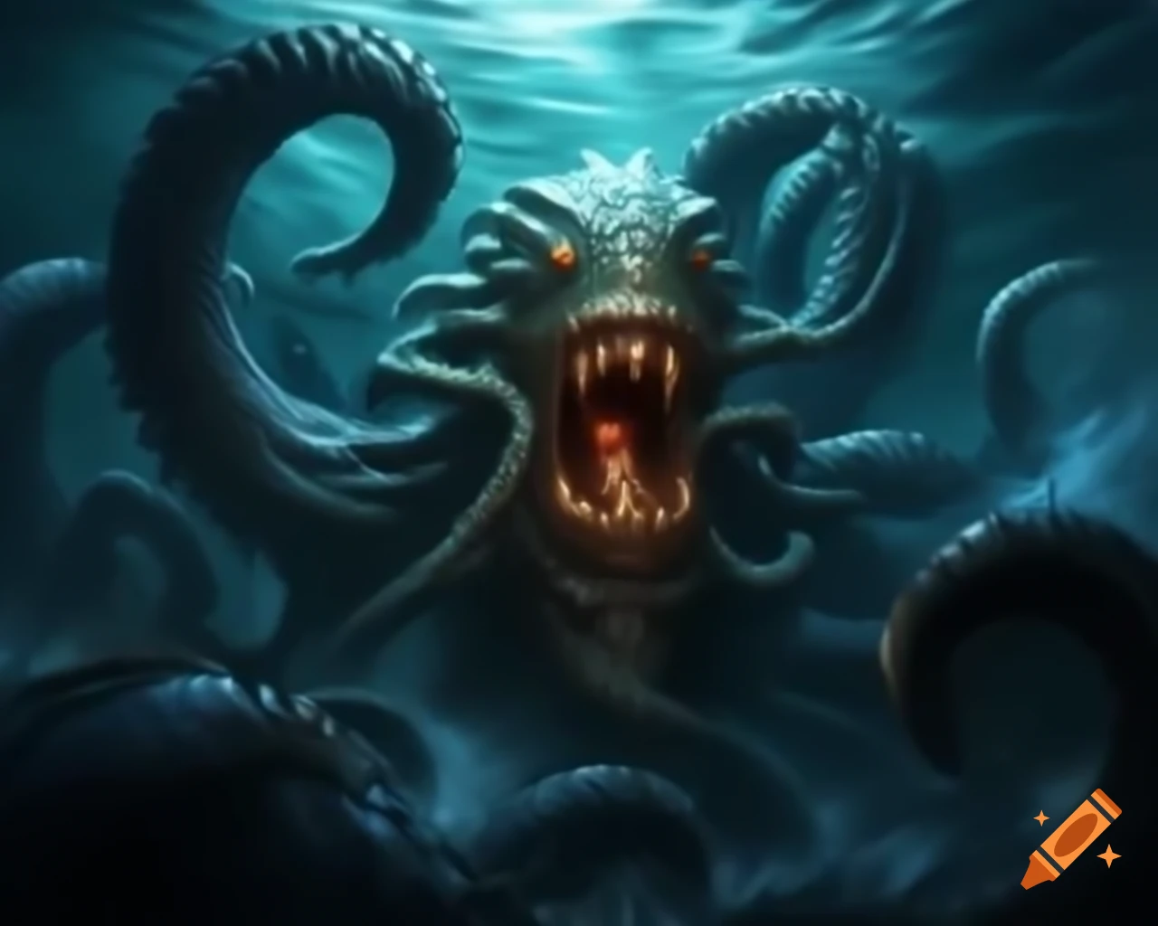 Pirate ship attacked by gigantic sea monster with sharp tentacles