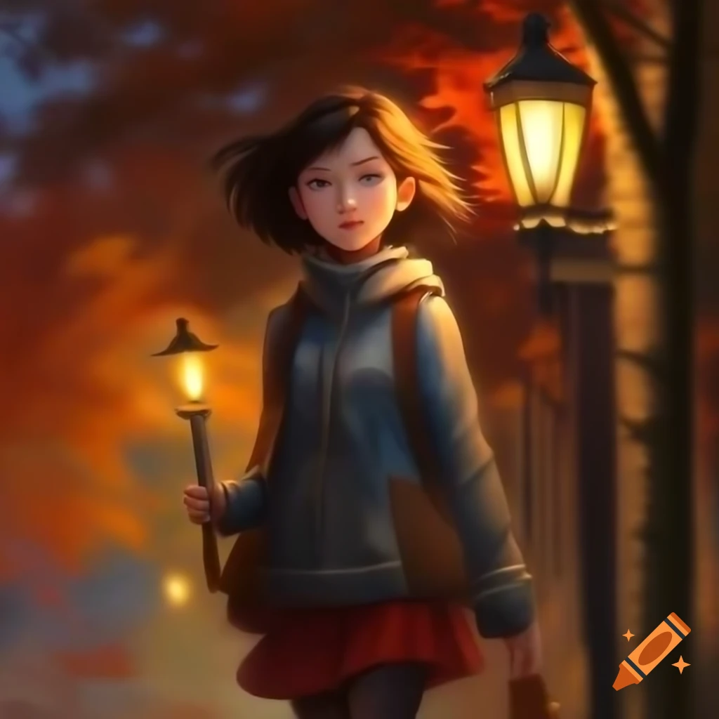 Semi-realistic painting of girl walking with a lantern in autumn colors