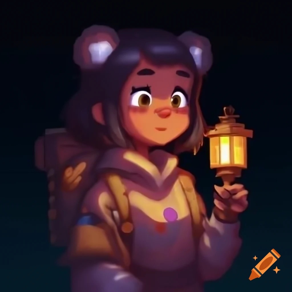 Pixel art character portrait of confident girl with bear ears holding a lantern