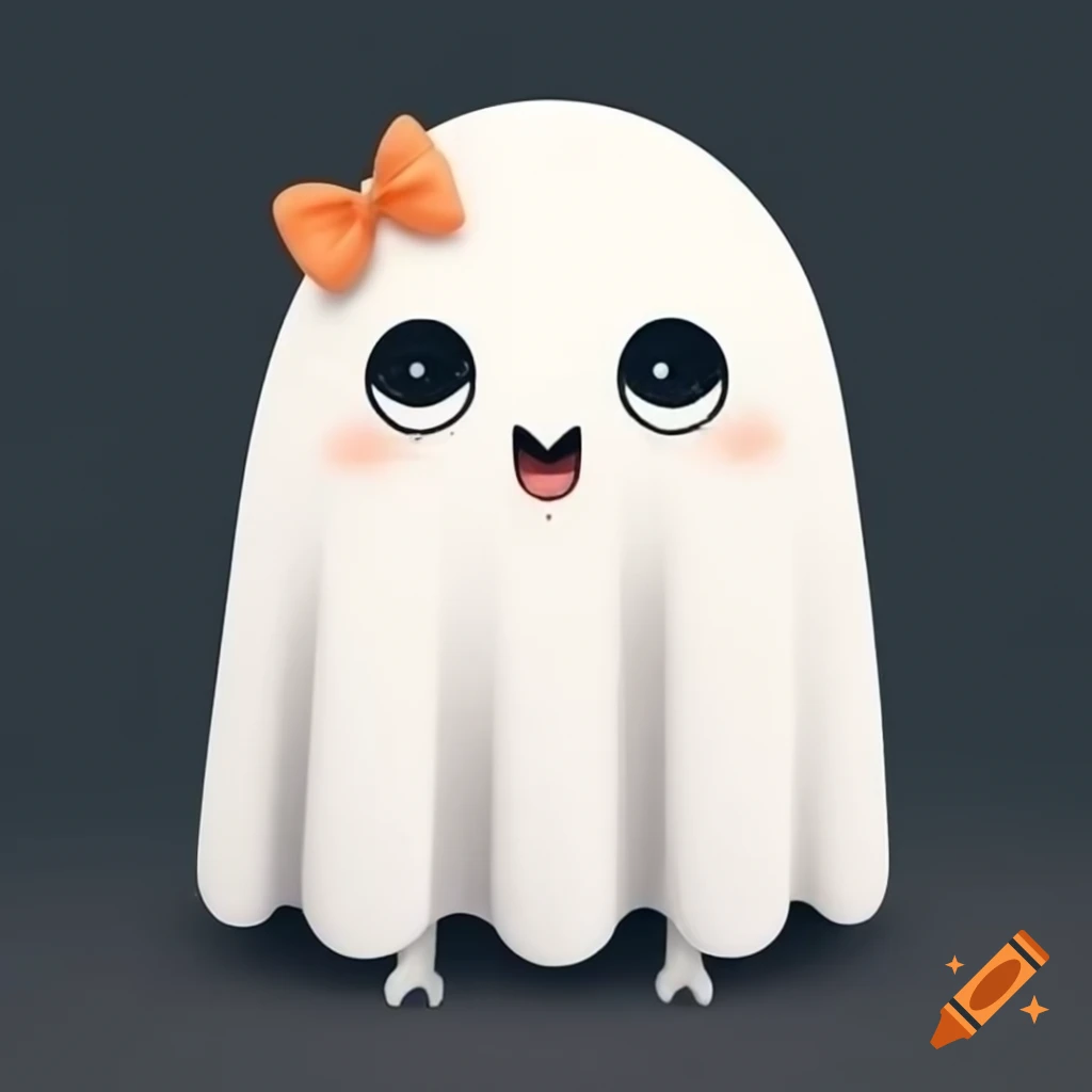 Cute simple white ghost with black eyes and orange bow