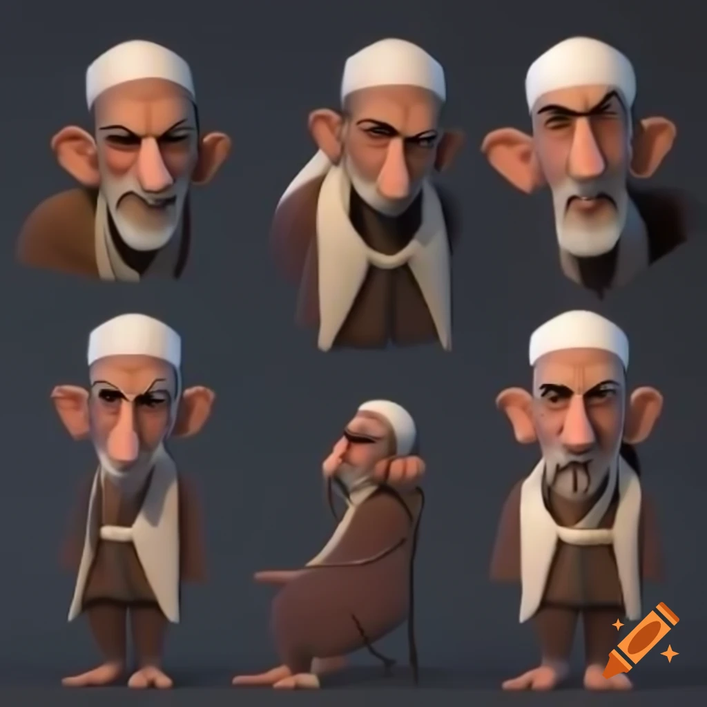 Character sheet of Arabic Muslim old man in various poses and emotions