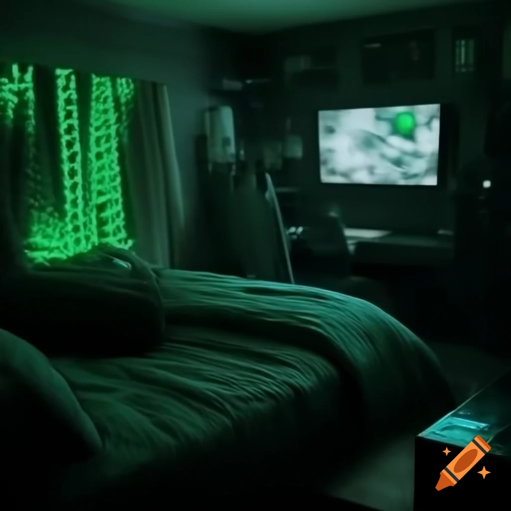 Elegant dark bedroom with green LED lights and a TV displaying 'THYME - CAVED IN'
