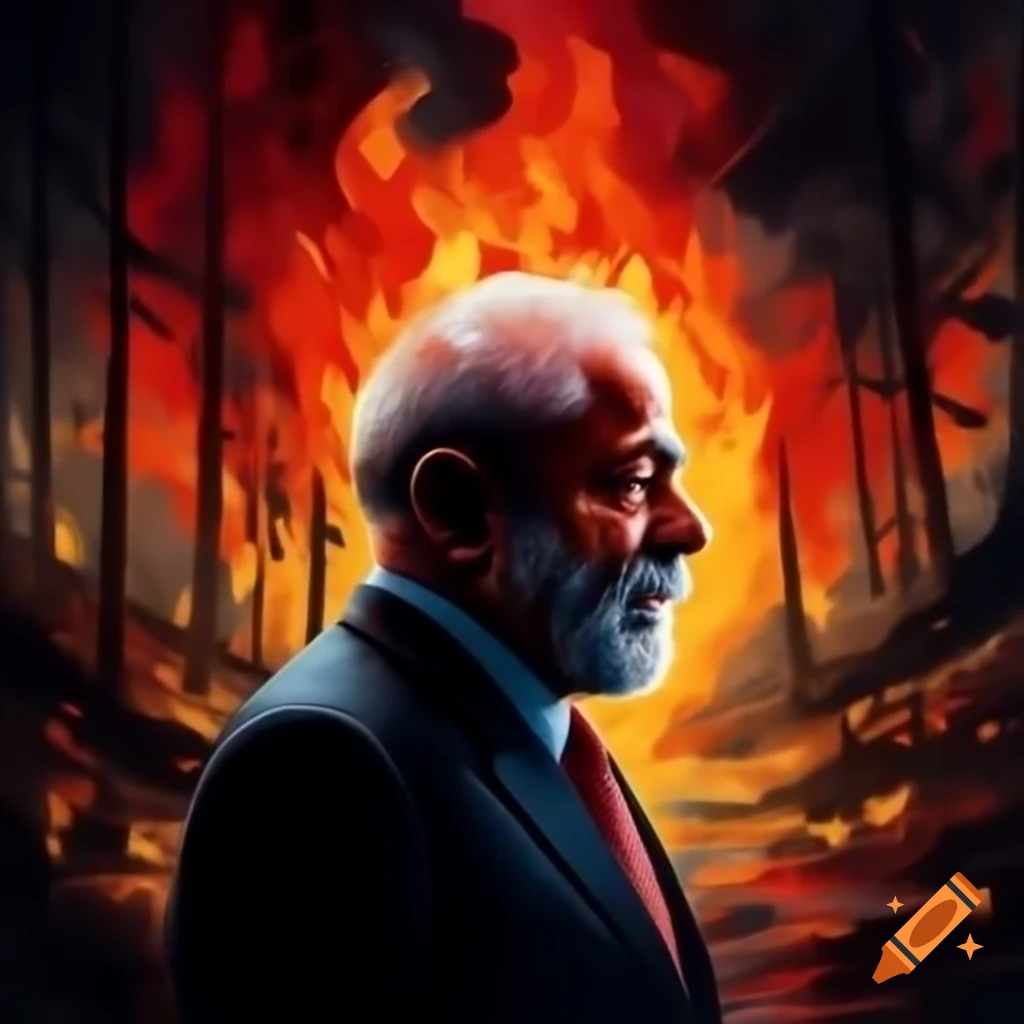 Silhouette of President Lula combined with burning forest imagery