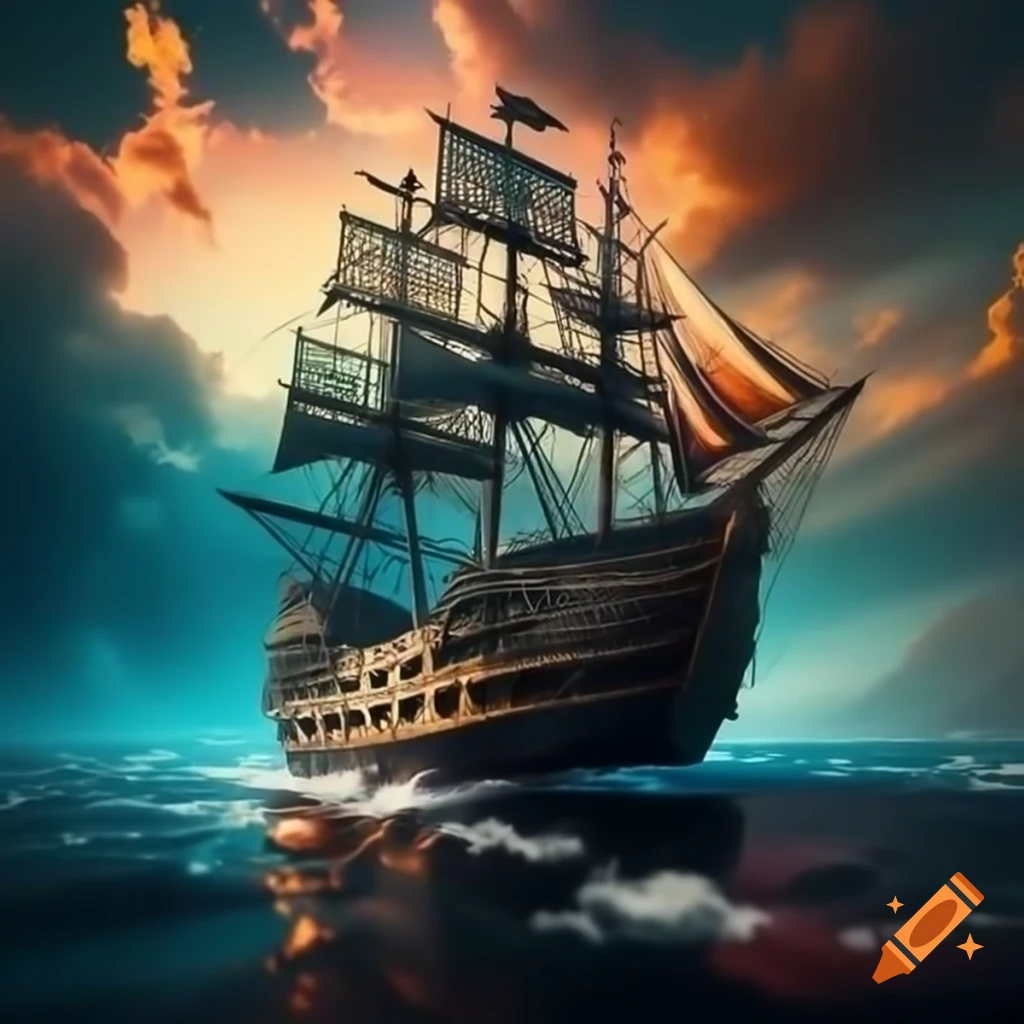 Surreal colorful poster of pirate galleon sailing into sunset
