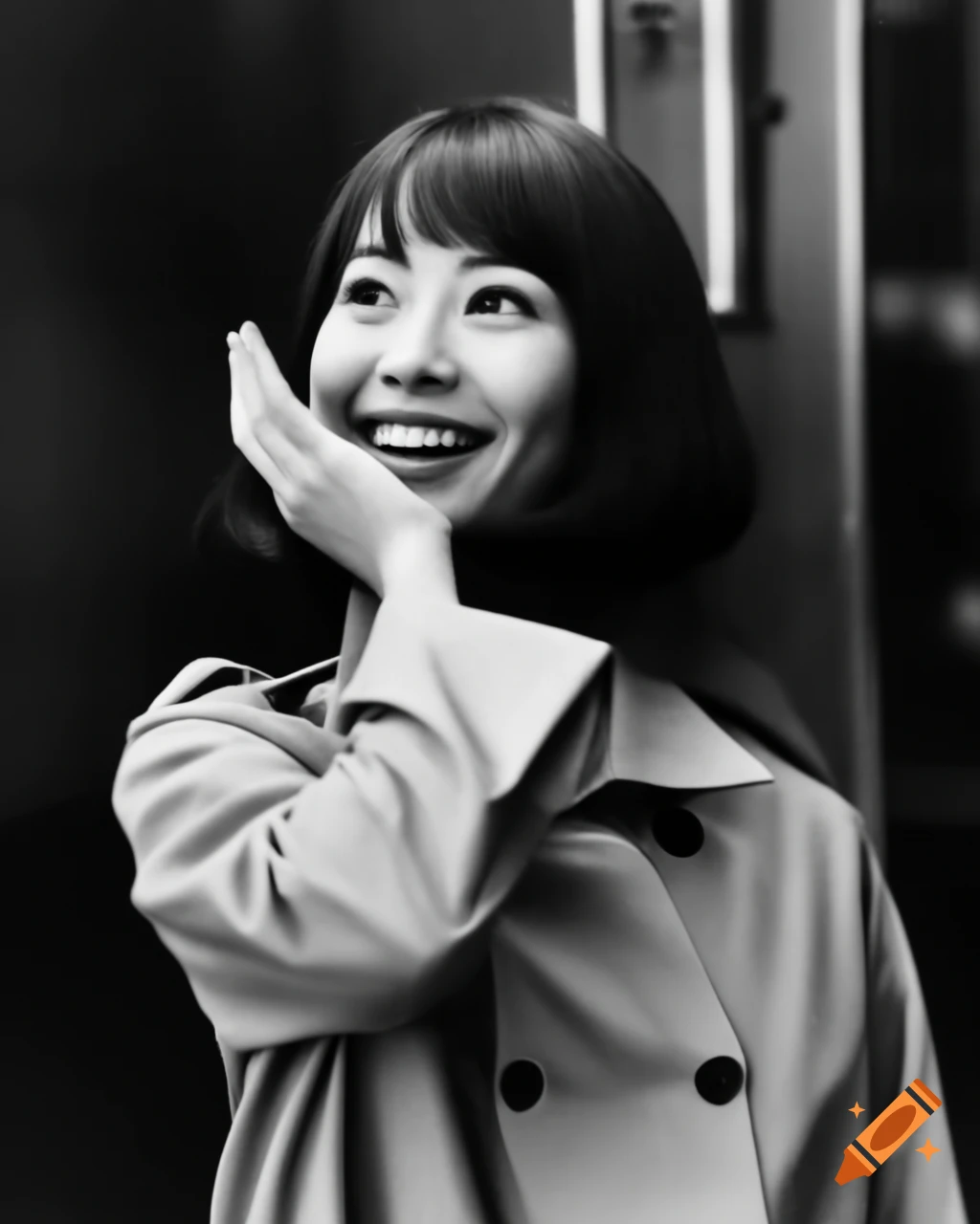 Vintage paparazzi photo of famous Japanese actress giving peace sign in street