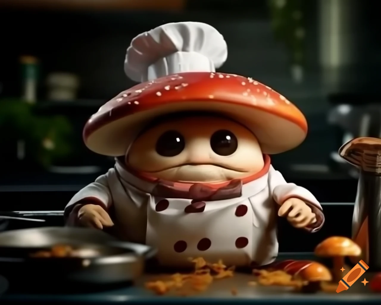 Mushroom creature in chef's suit cooking in kitchen, happy kawaii style