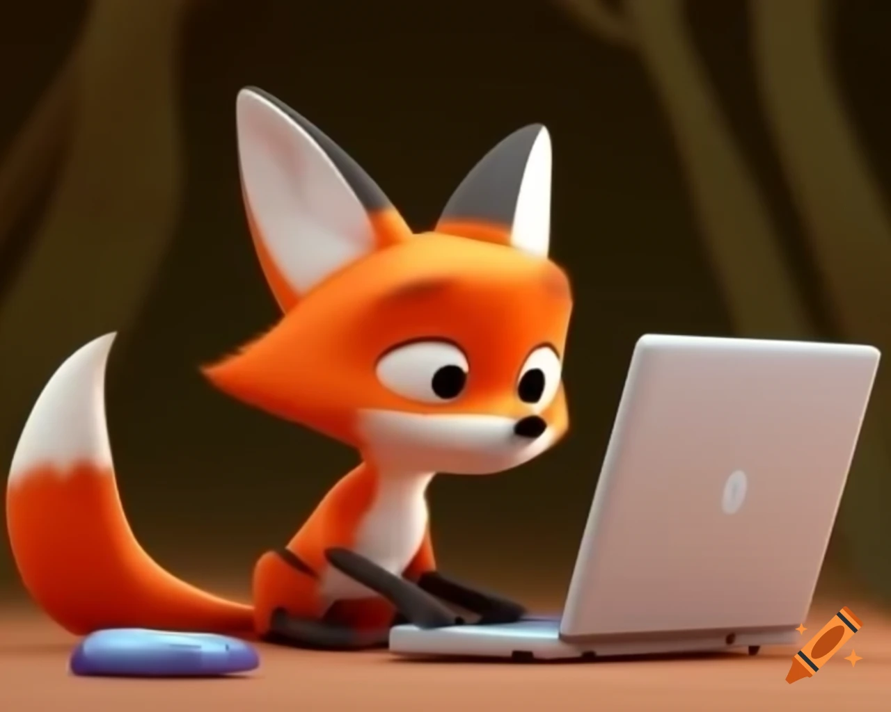 Animated fox using a laptop in Disney Pixar style