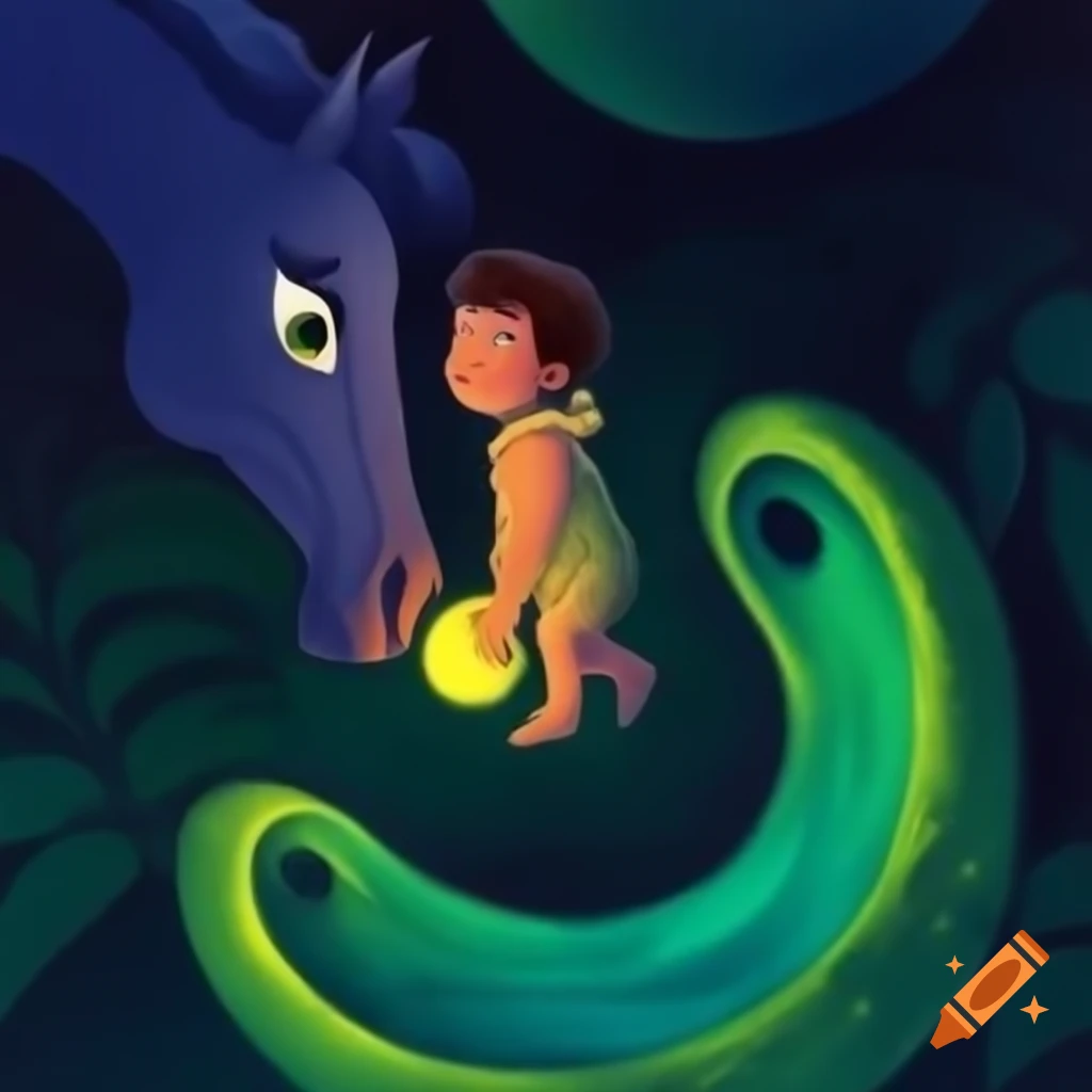Child hypnotized by a horse with colorful celestial eyes in Disney art style