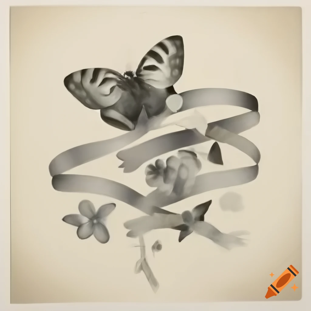 Surreal monochrome mezzotint with butterfly, ribbon, and flowers in renaissance style