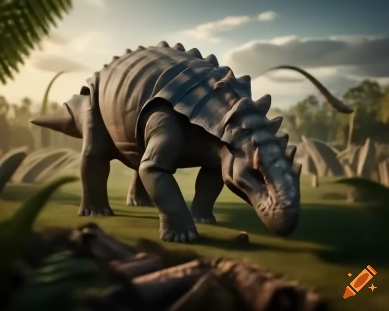 Ankylosaurus walking in prehistoric fern prairie with Diplodocus in the background
