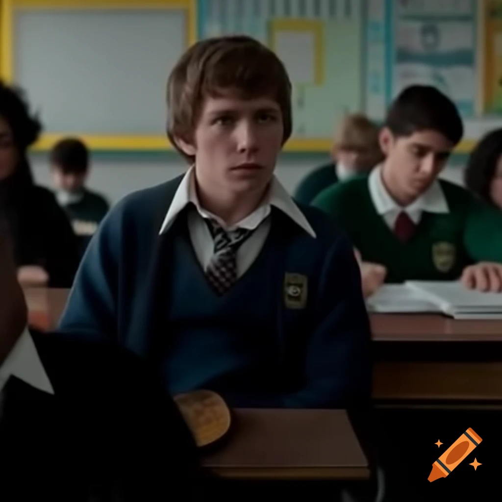 Harrison entering classroom with serious expression, approaching Adin as classmates watch