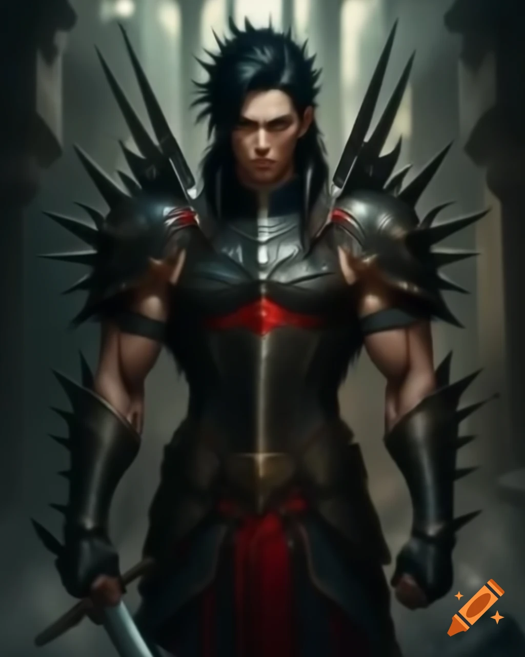 Tall muscular male in black plate armor with spikes and red highlights wielding a two-handed sword