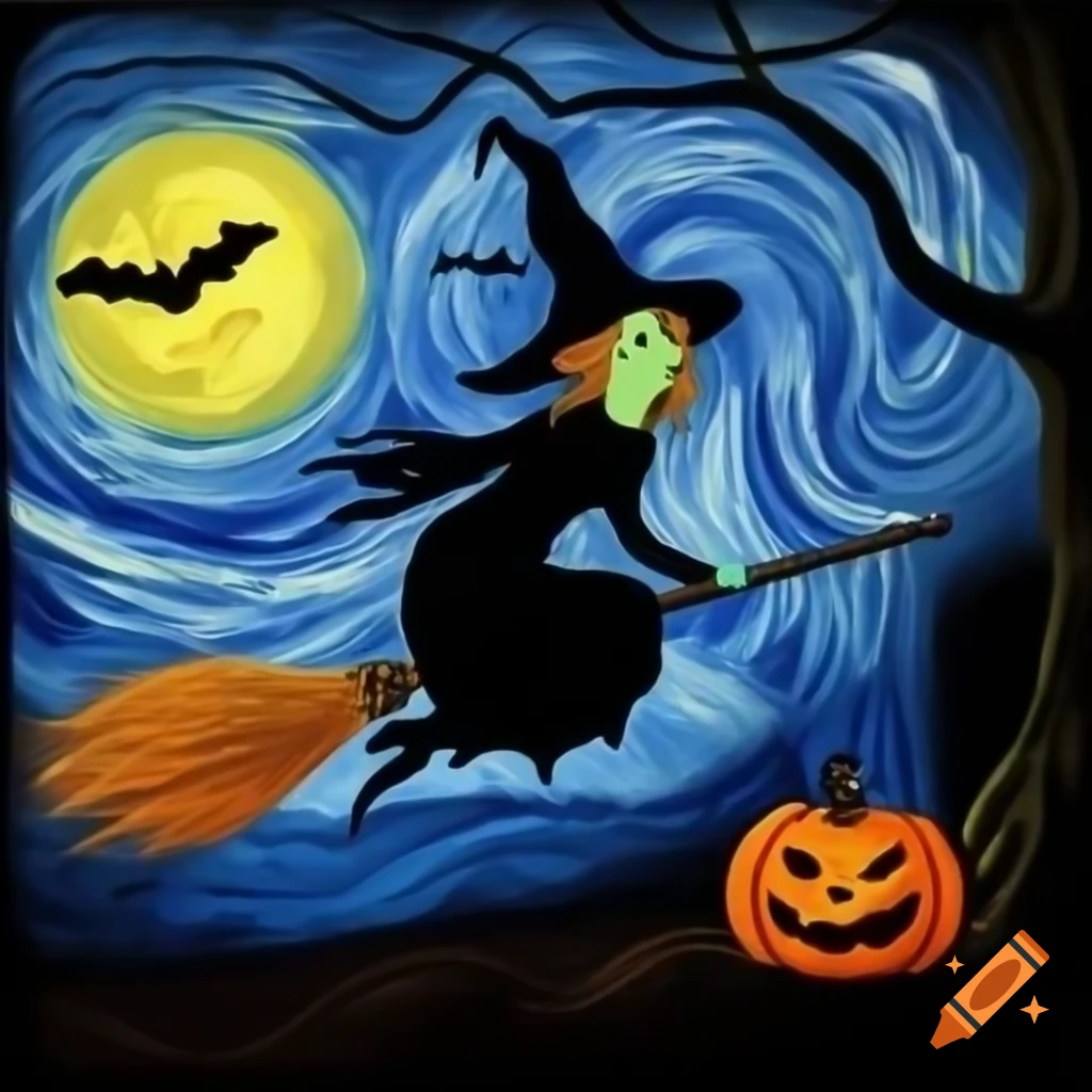 Halloween witch silhouette flying past moon with pumpkins, Van Gogh style