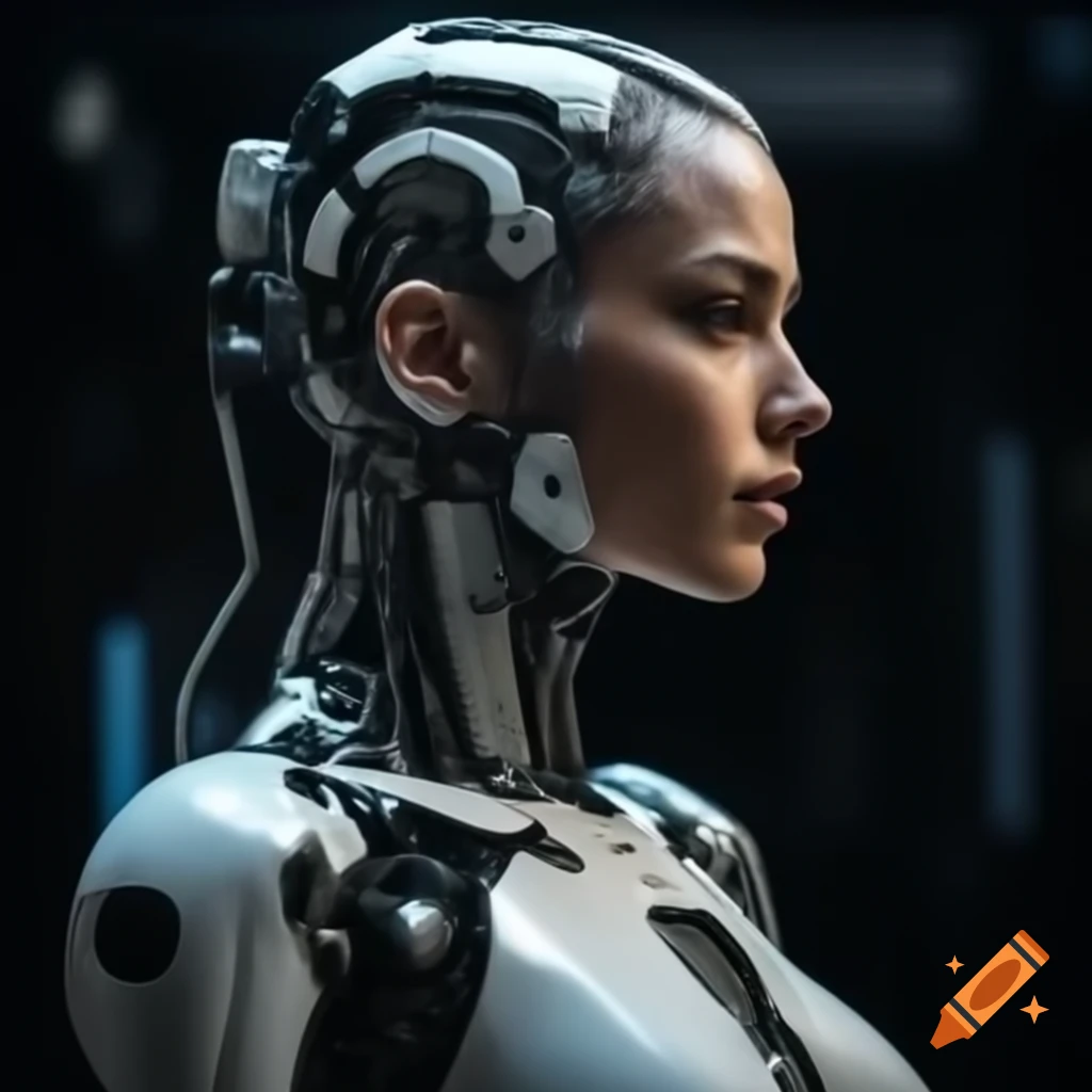 Close-up of woman in white cyberpunk robotic suit on dark background with cool lighting