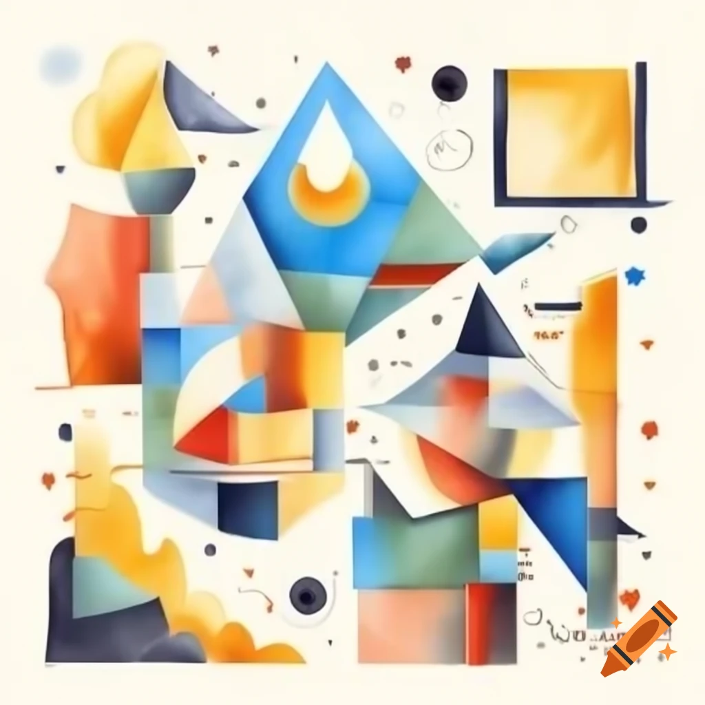 Abstract cubist art featuring geometric forms representing a giant glacier and a flame