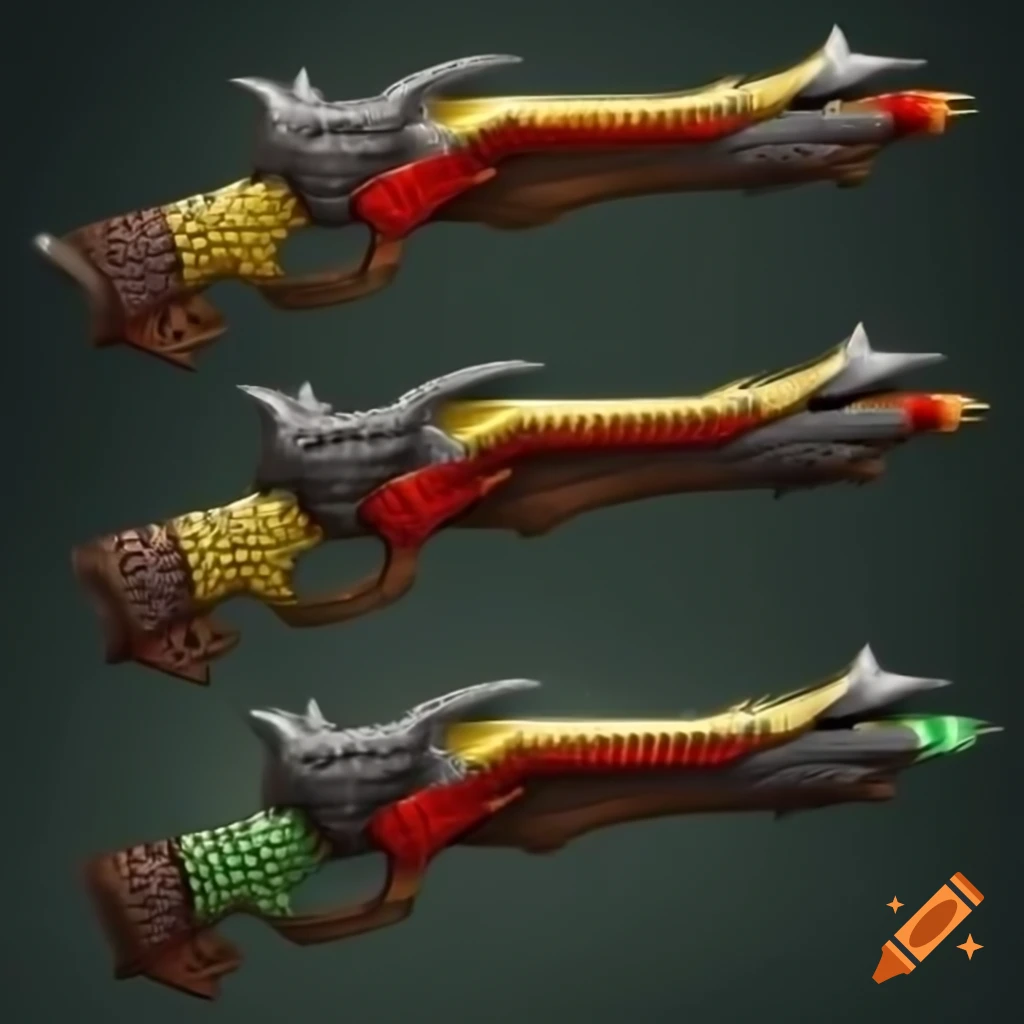 Fantasy rifle with red, yellow, and green stones in Dungeons and Dragons style