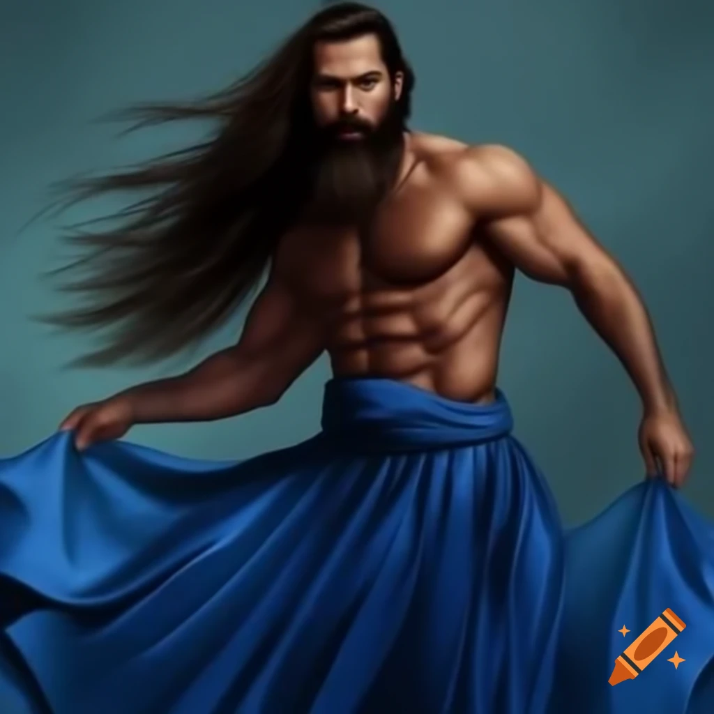 Man in blue skirt with long hair and beard