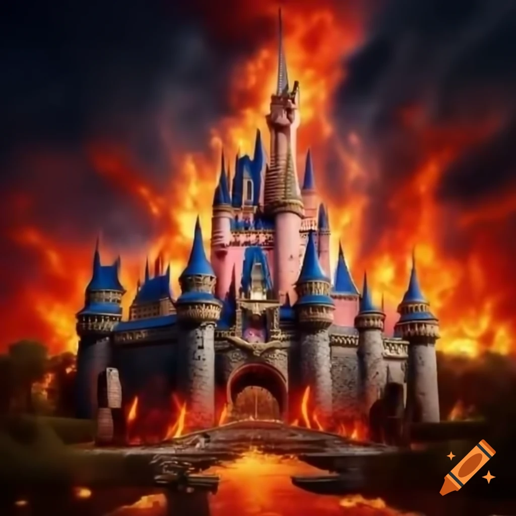 Photorealistic castle surrounded by flames
