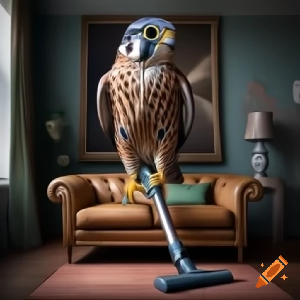 Kestrel cleaning 1950s living room with vacuum cleaner in photo realistic style