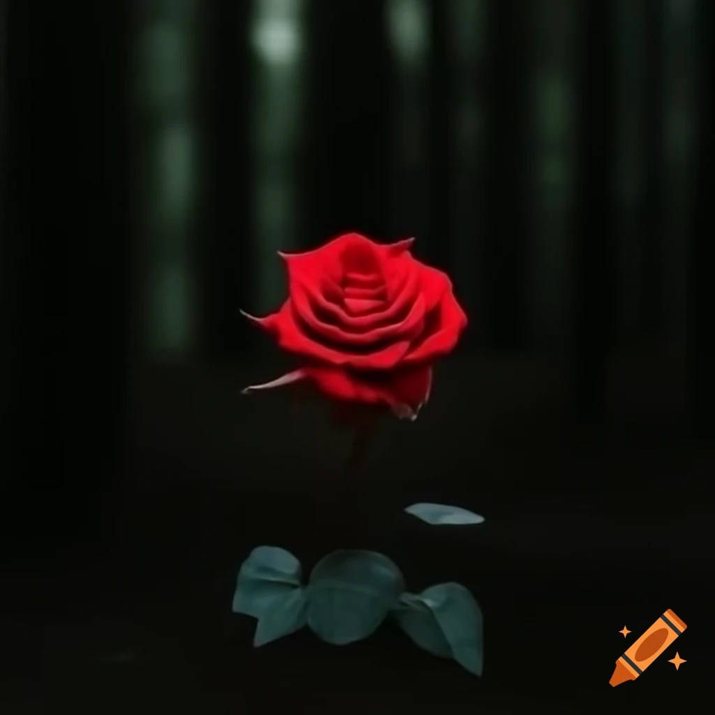 Red rose glowing in dark forest, resembling a song cover design