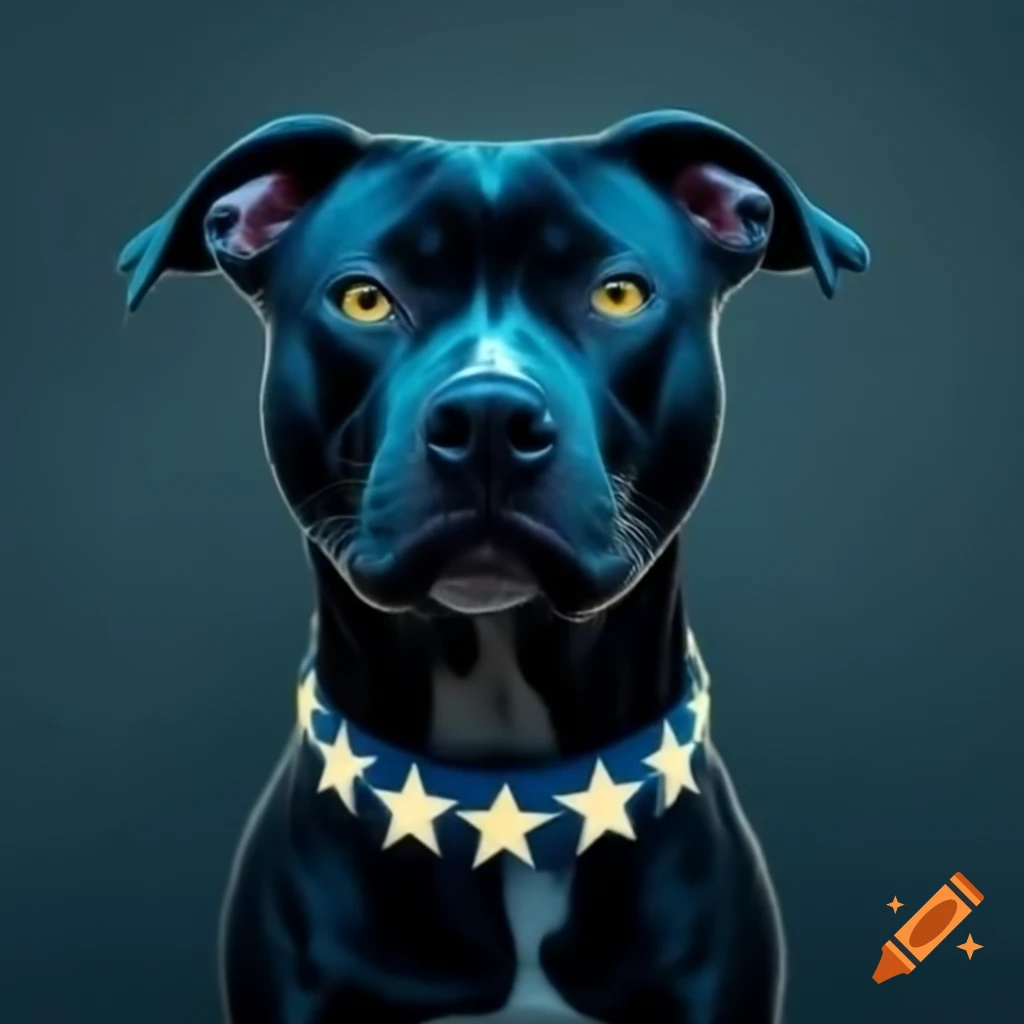 Blue pit bull with star-patterned collar gazing away with adoration