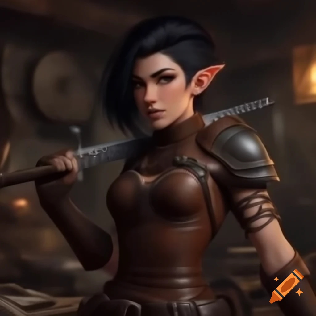 D&D gnome in leather armor with rapier in steampunk workshop