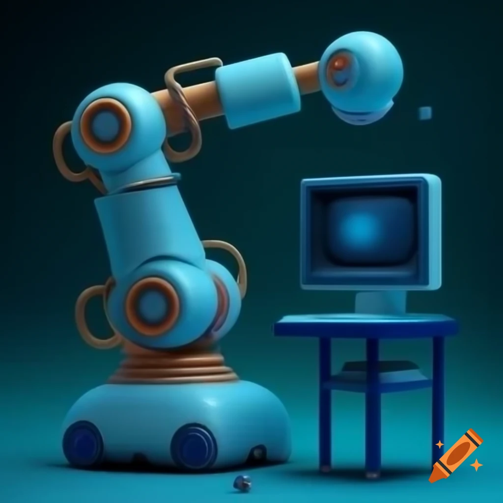 Stylized robotic arm interacting with computer interface