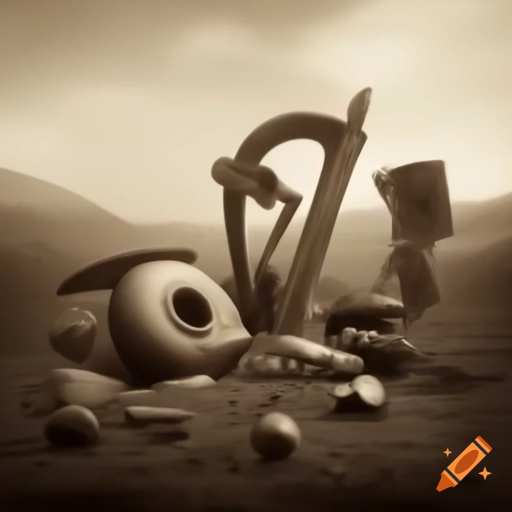 Surrealist sepia landscape with strange textured objects