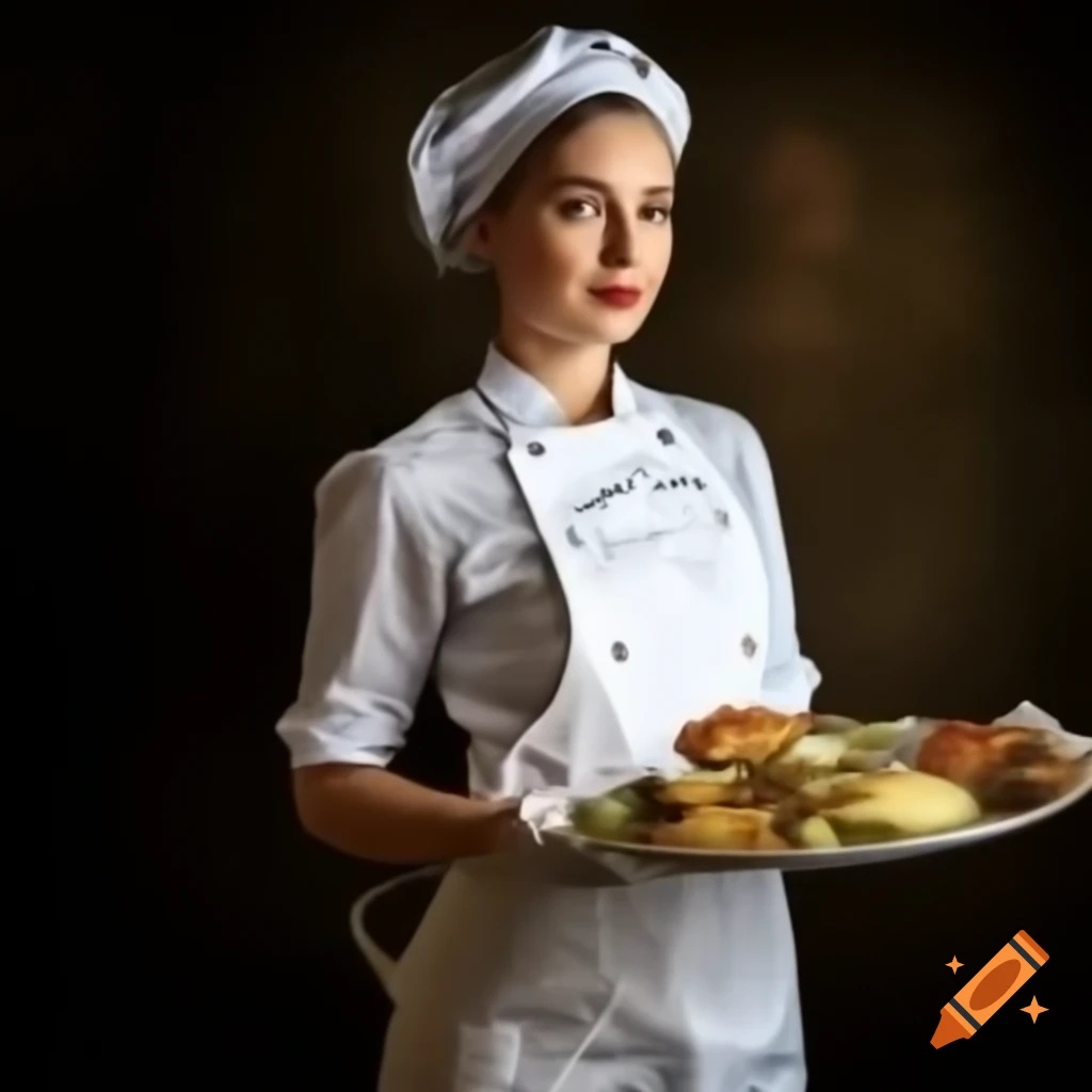 Female cook in vintage attire holding thali meals on tray, floral design
