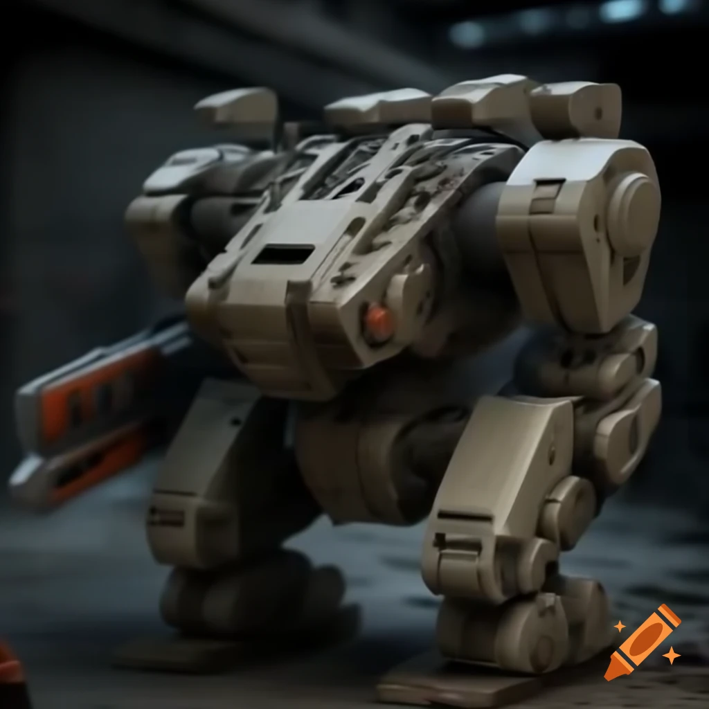 Post-apocalyptic mech with chainsaw and nail gun at construction site