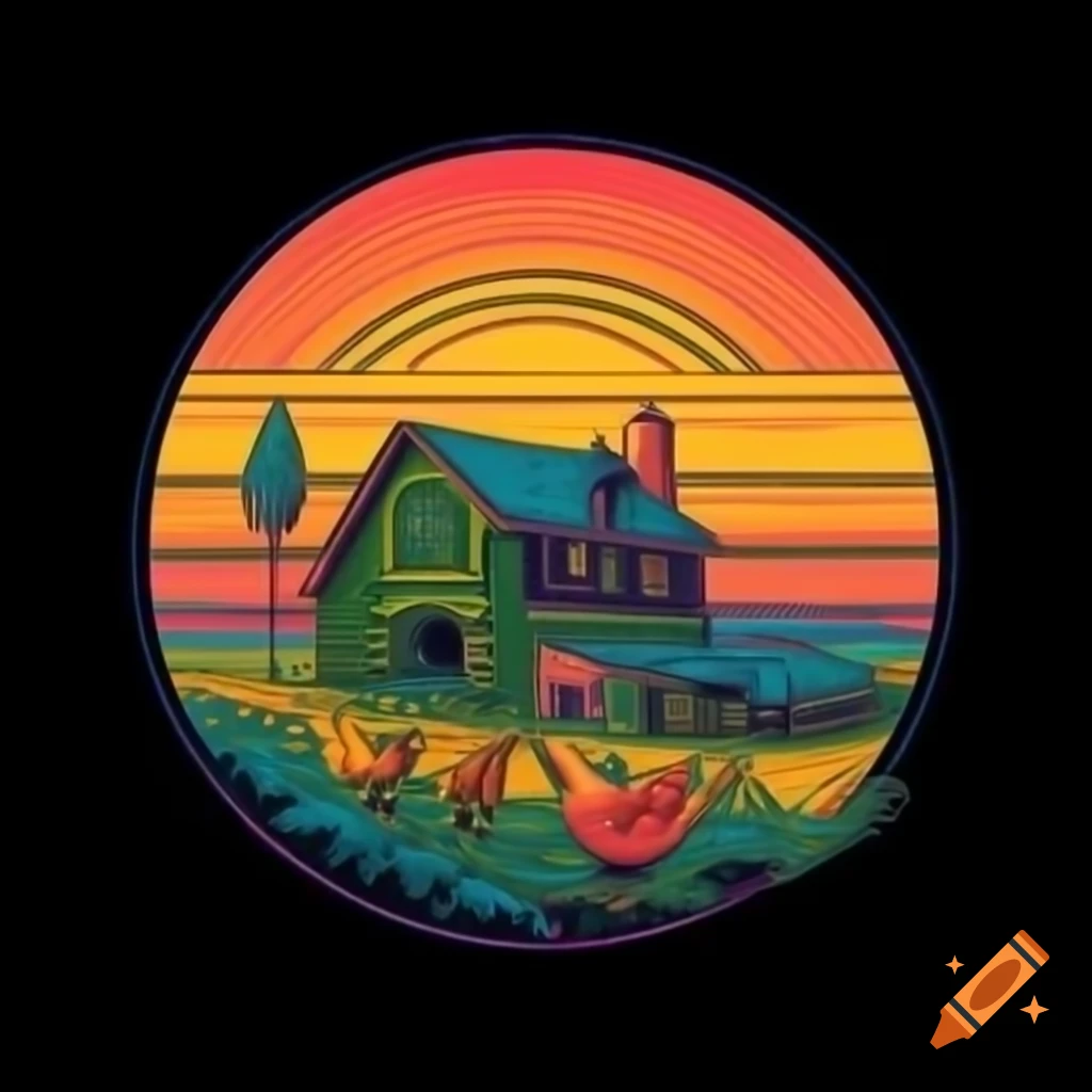 Vintage psychedelic design featuring a chicken farm at sunset