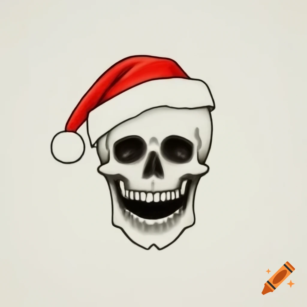 Madly grinning skull wearing a Santa hat on white background