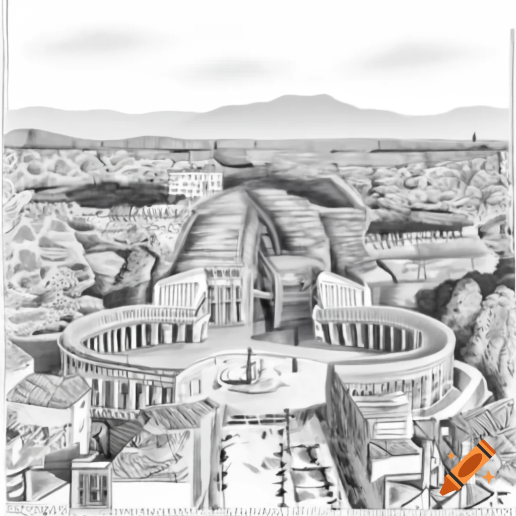 Panoramic pencil sketch of ancient Rome featuring Colosseum and Pantheon