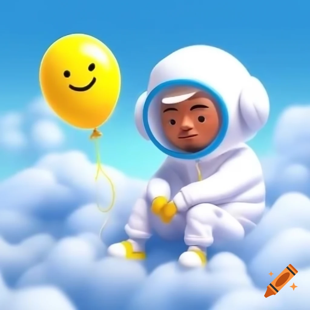 Rapper in hazmat suit sitting in clouds holding yellow balloon