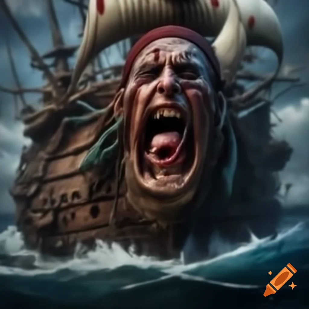 Pirate laughing on ship with tears and bloodshot eyes at sea