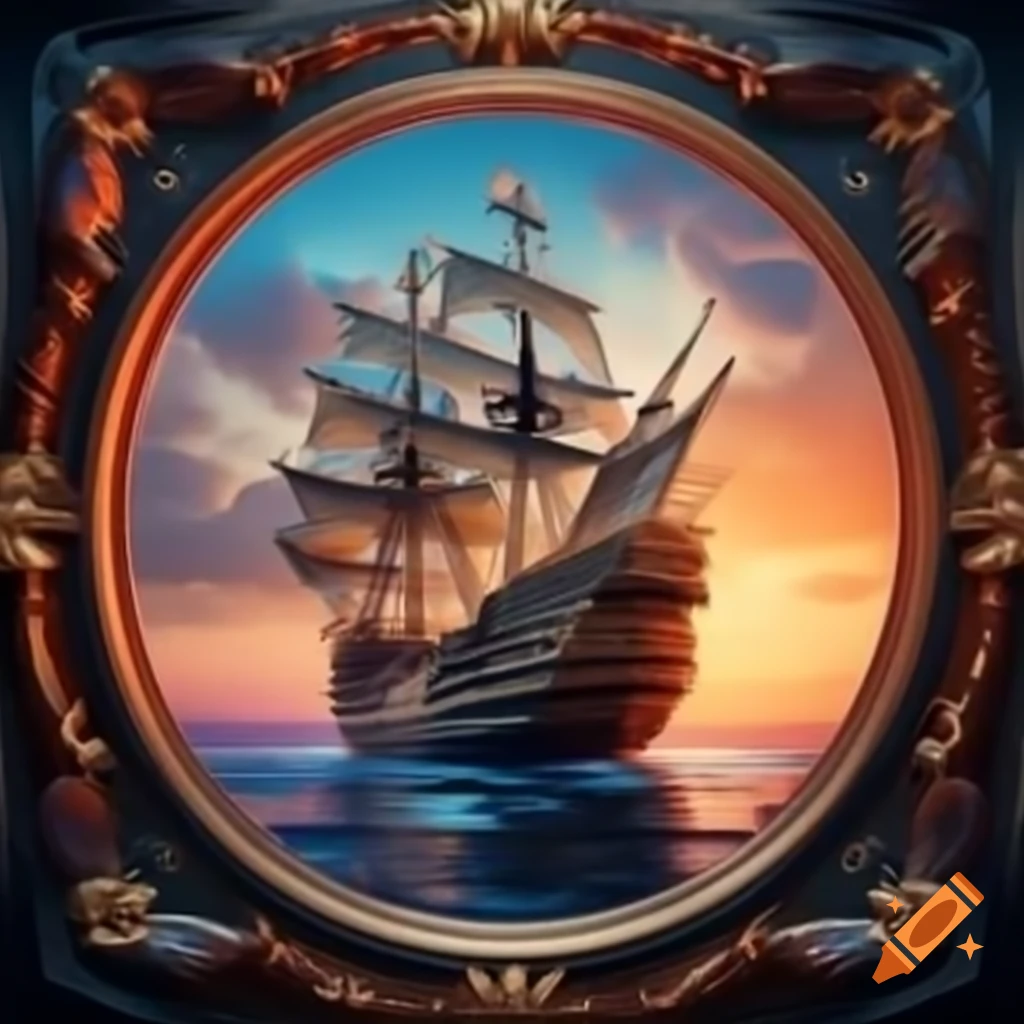 Highly detailed Spanish galleon sailing into sunset in surreal colorful velvet style