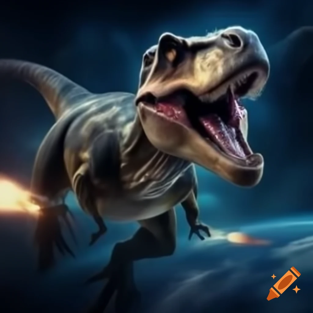 T-Rex in police uniform riding a rocket into space