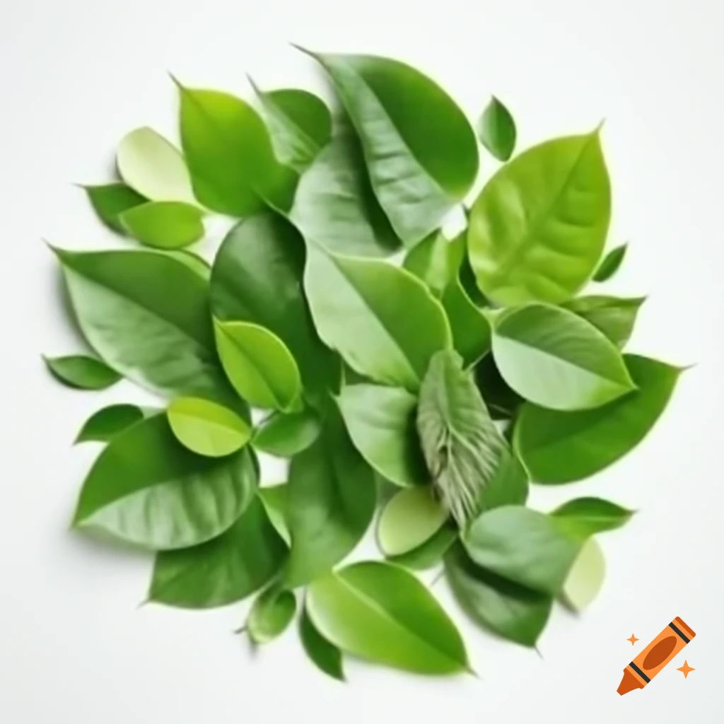 Fresh green leaves arranged in a circle on white background