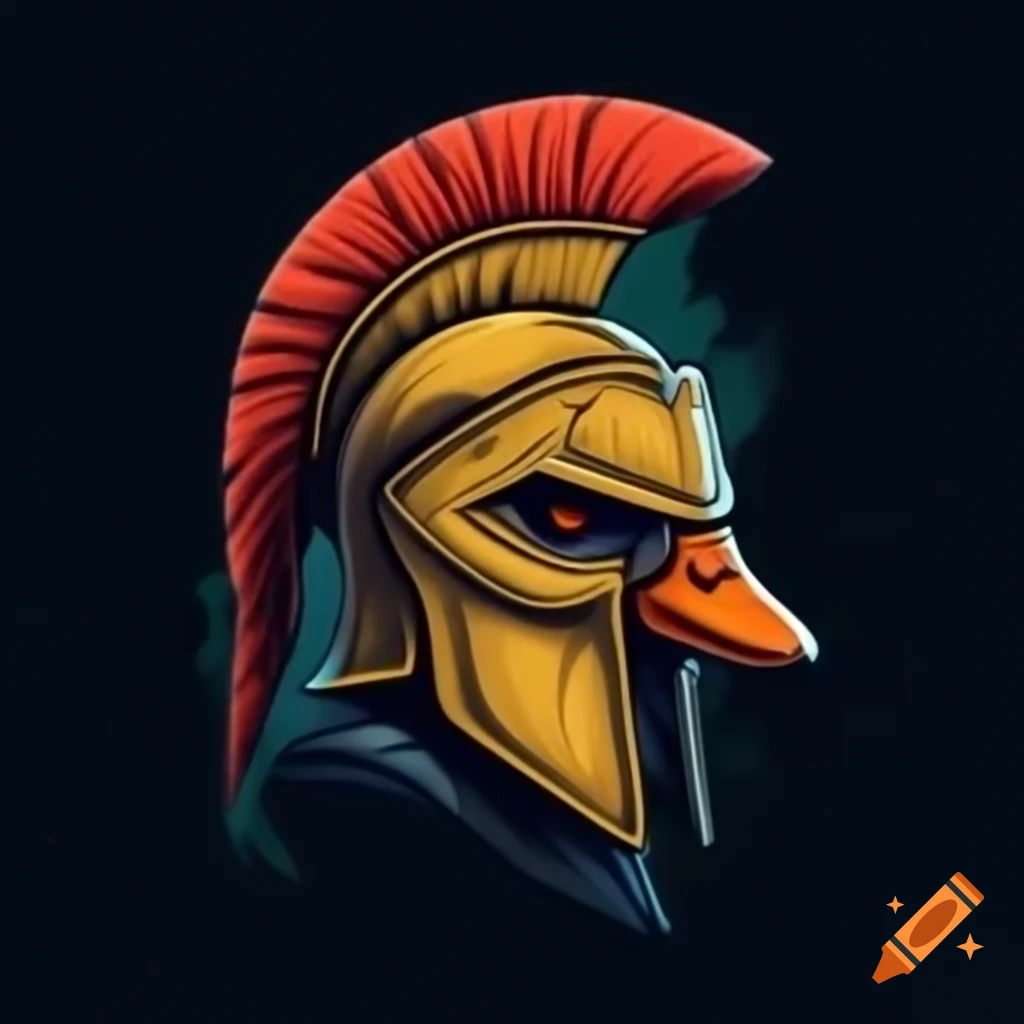 Duck in spartan helmet illustrated in dark comic style