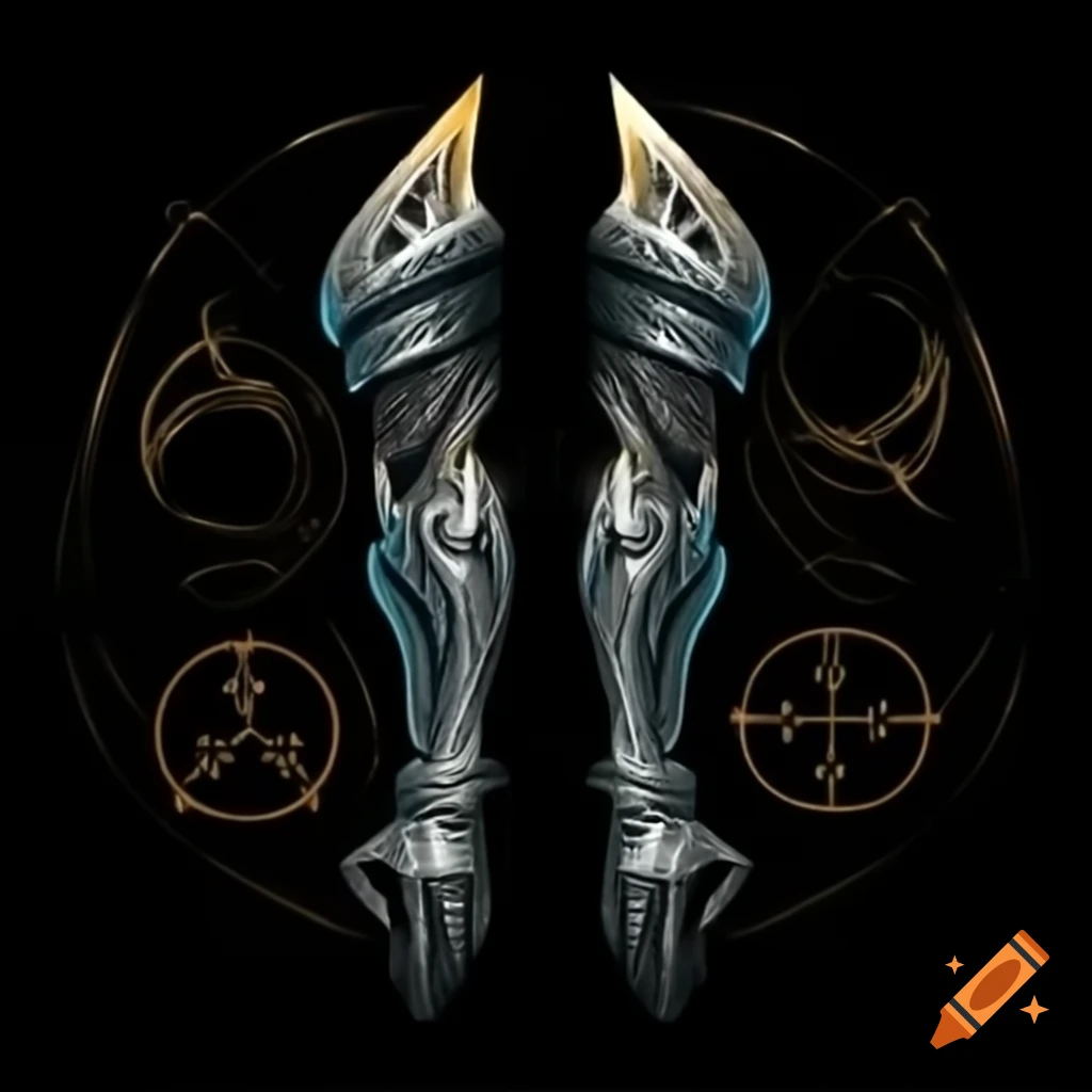 Character Cell's left arm design in deep black metal with Viking patterns