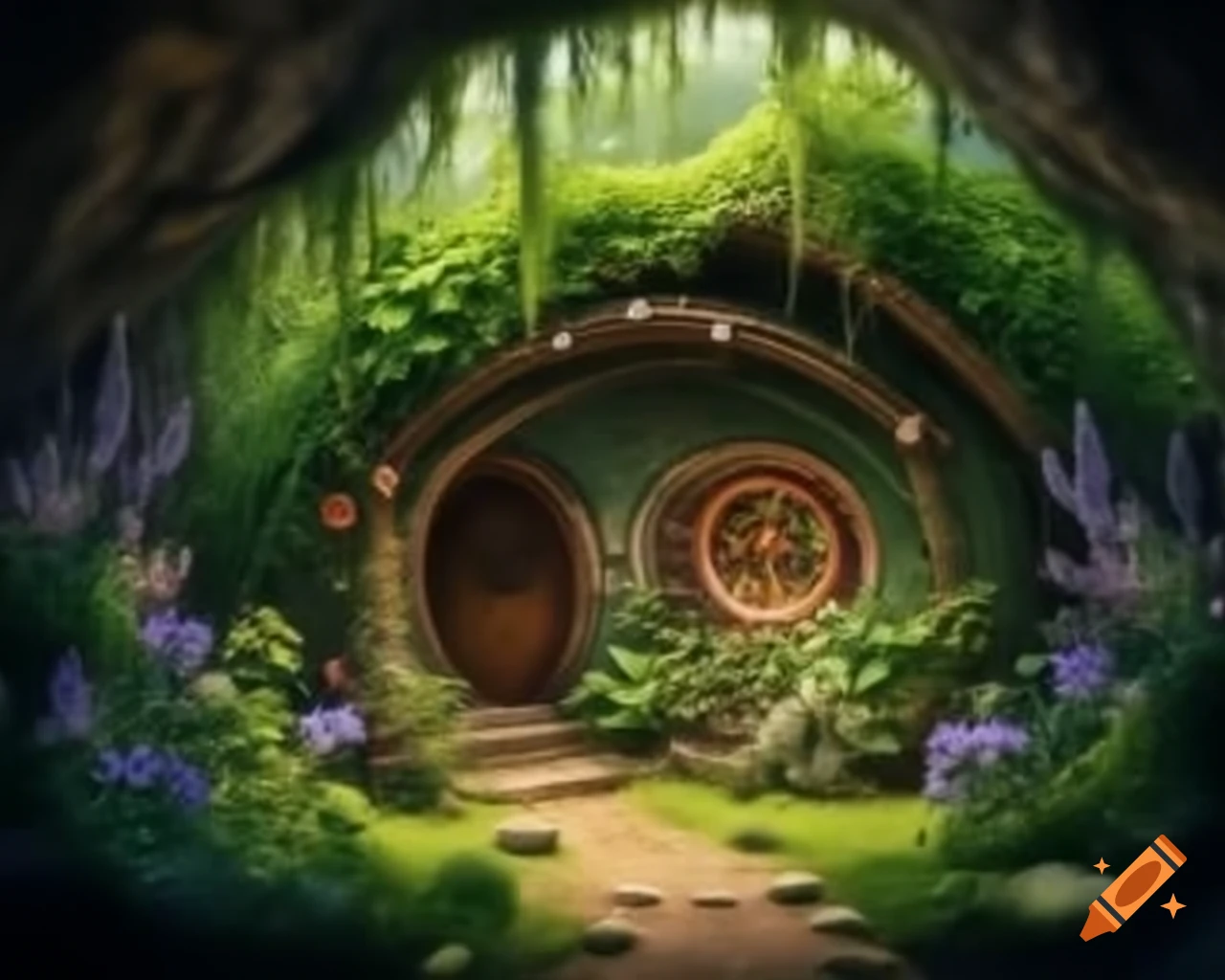 Cozy hobbit house in a lush cave full of vines and vegetation