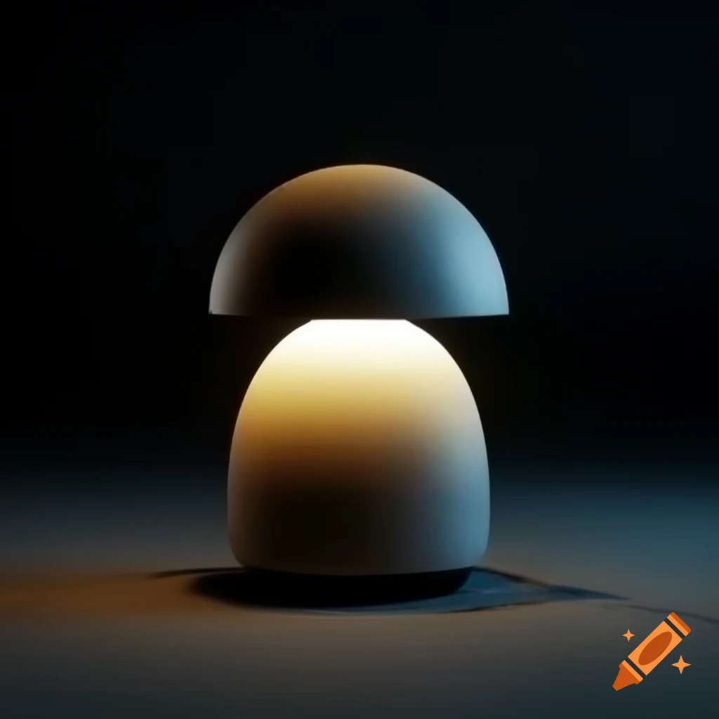 Minimalistic matte plastic lamp with rounded shape on a black base covered with grass