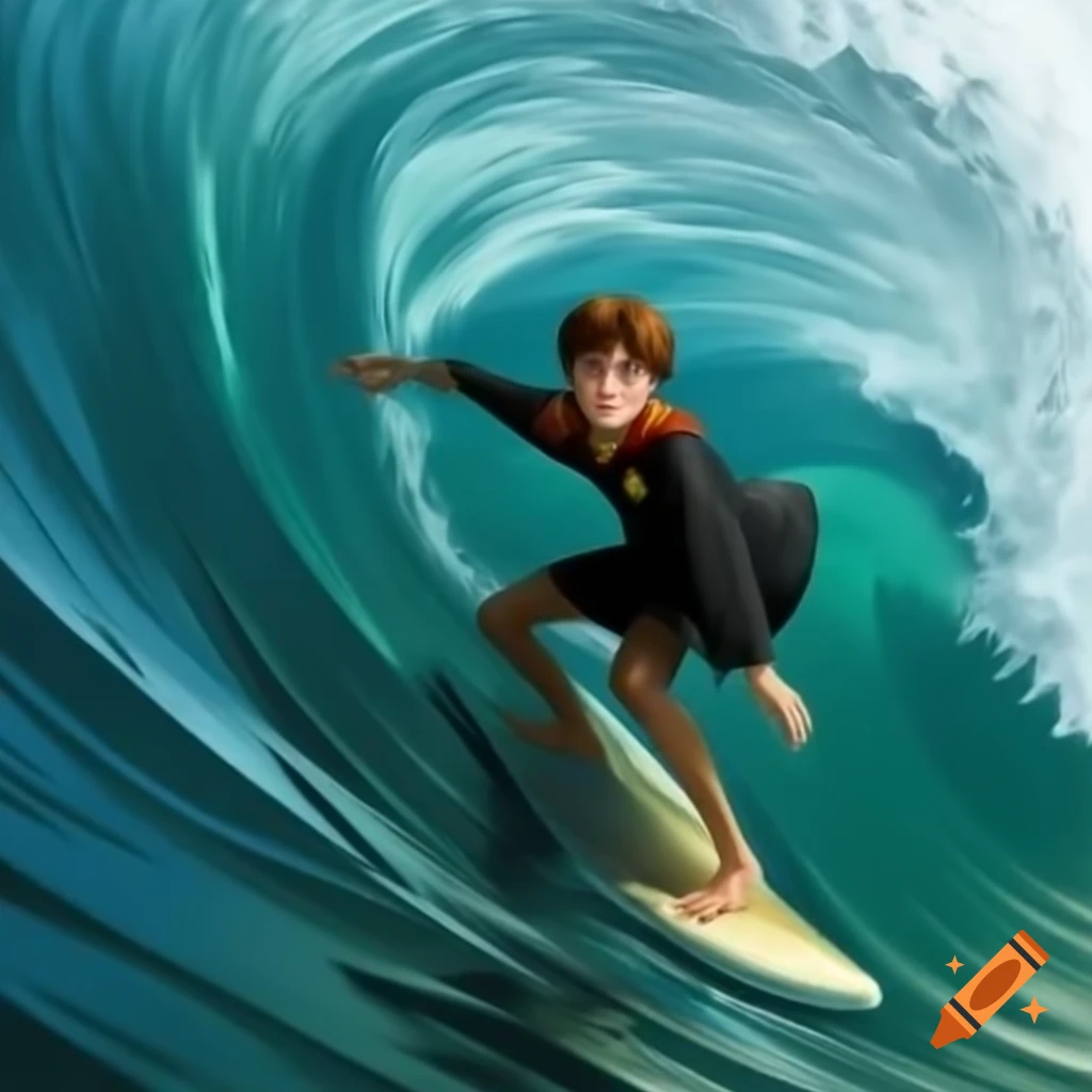 Harry Potter surfing on a wave